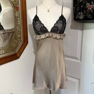 Samantha Chang Tan 100% Silk & Black Sheer Lace Ruffle Lingerie Slip Dress S